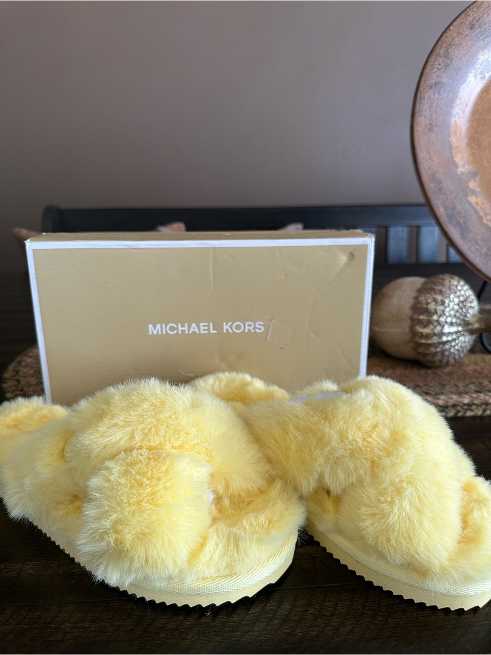 Michael Kors Yellow Fuzzy Cross-Band Slippers